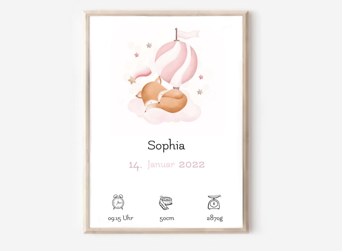 Geburtsposter Geburtstafel Geburtsanzeige Poster Print Motiv Baby Geschenk Geburt